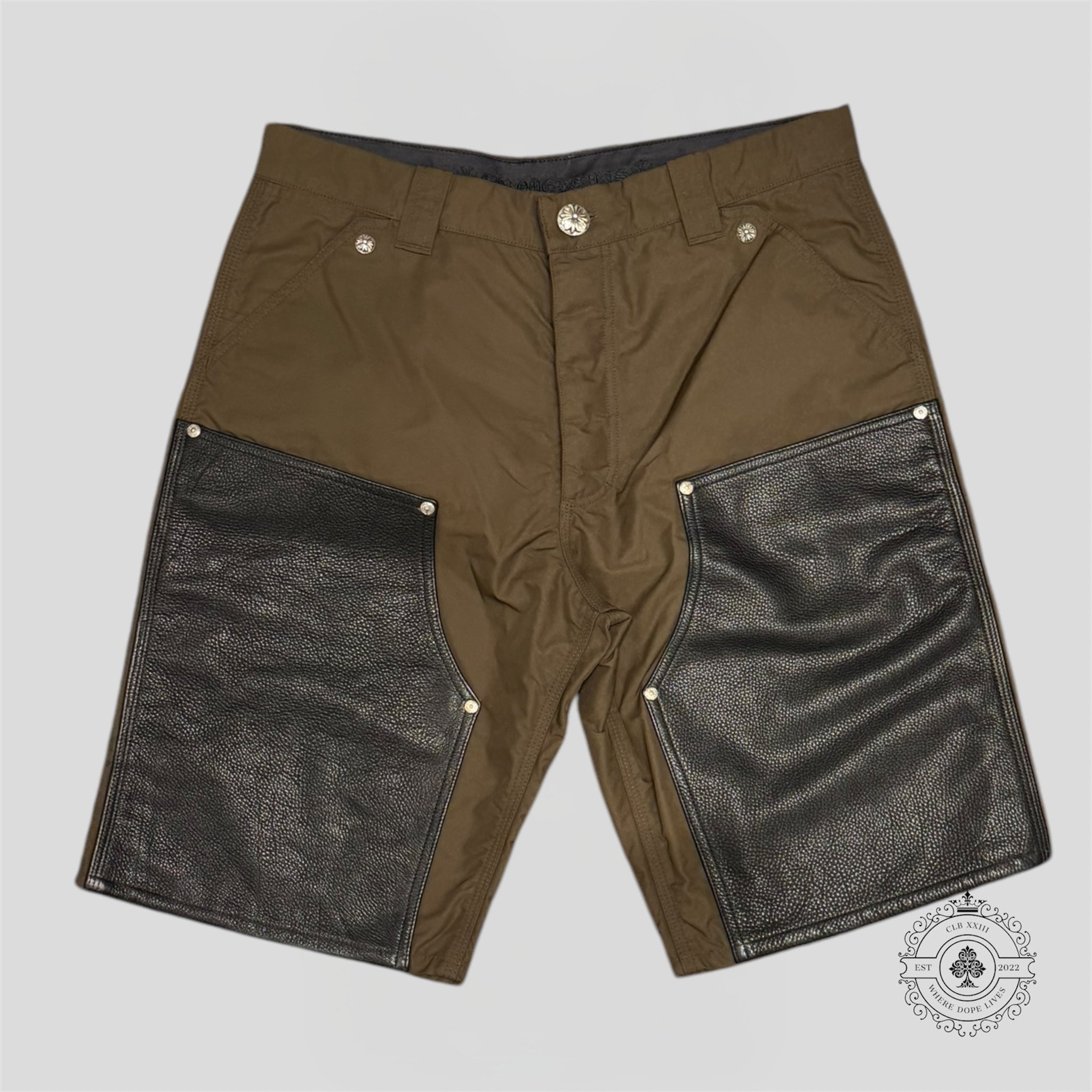 Chrome Hearts Leather Knee Nylon Shorts in Brown / Pink