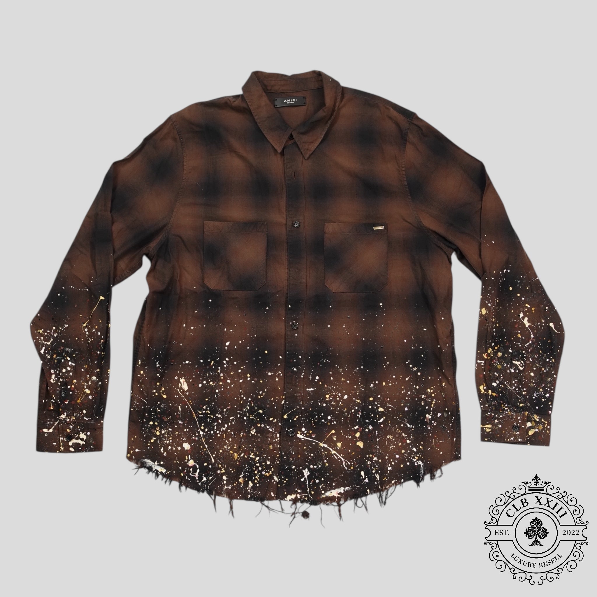 Amiri Crystal Painter Plaid Button Up in Brown