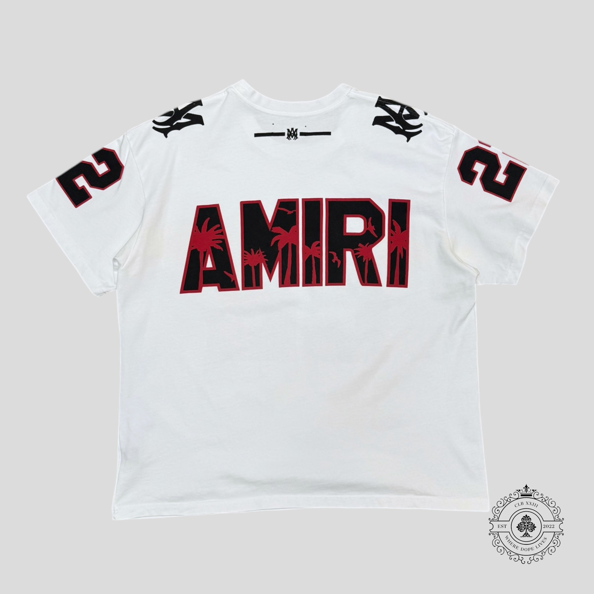 Amiri Palm Tree 22 Oversized Football T-Shirt in White/Black/Red