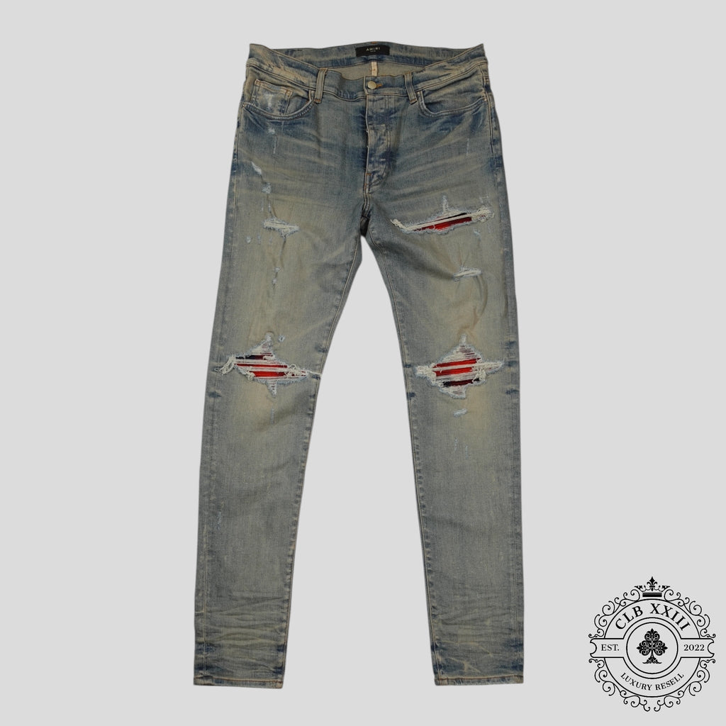 Amiri MX1 Plaid Patch Jeans in Clay Indigo/Red