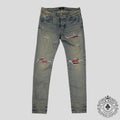 Amiri MX1 Plaid Patch Jeans in Clay Indigo/Red