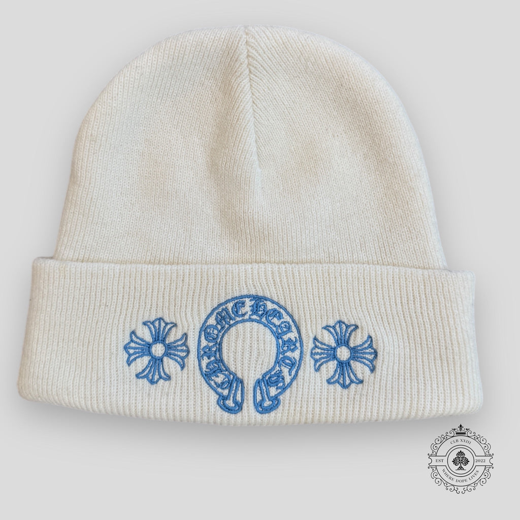 Chrome Hearts Horseshoe Logo Beanie in Cream/Carolina Blue