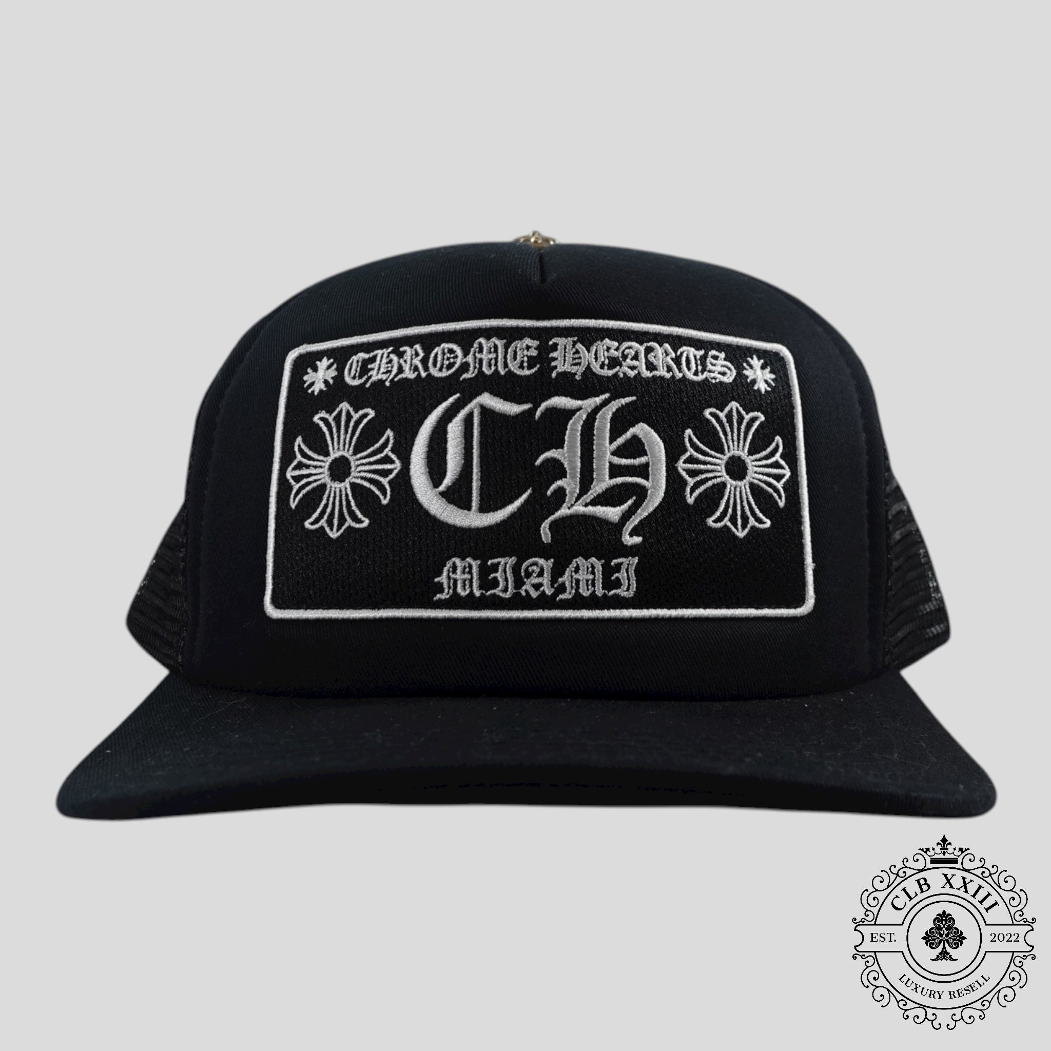 Chrome Hearts Miami Exclusive CH Patch Trucker Hat in Black