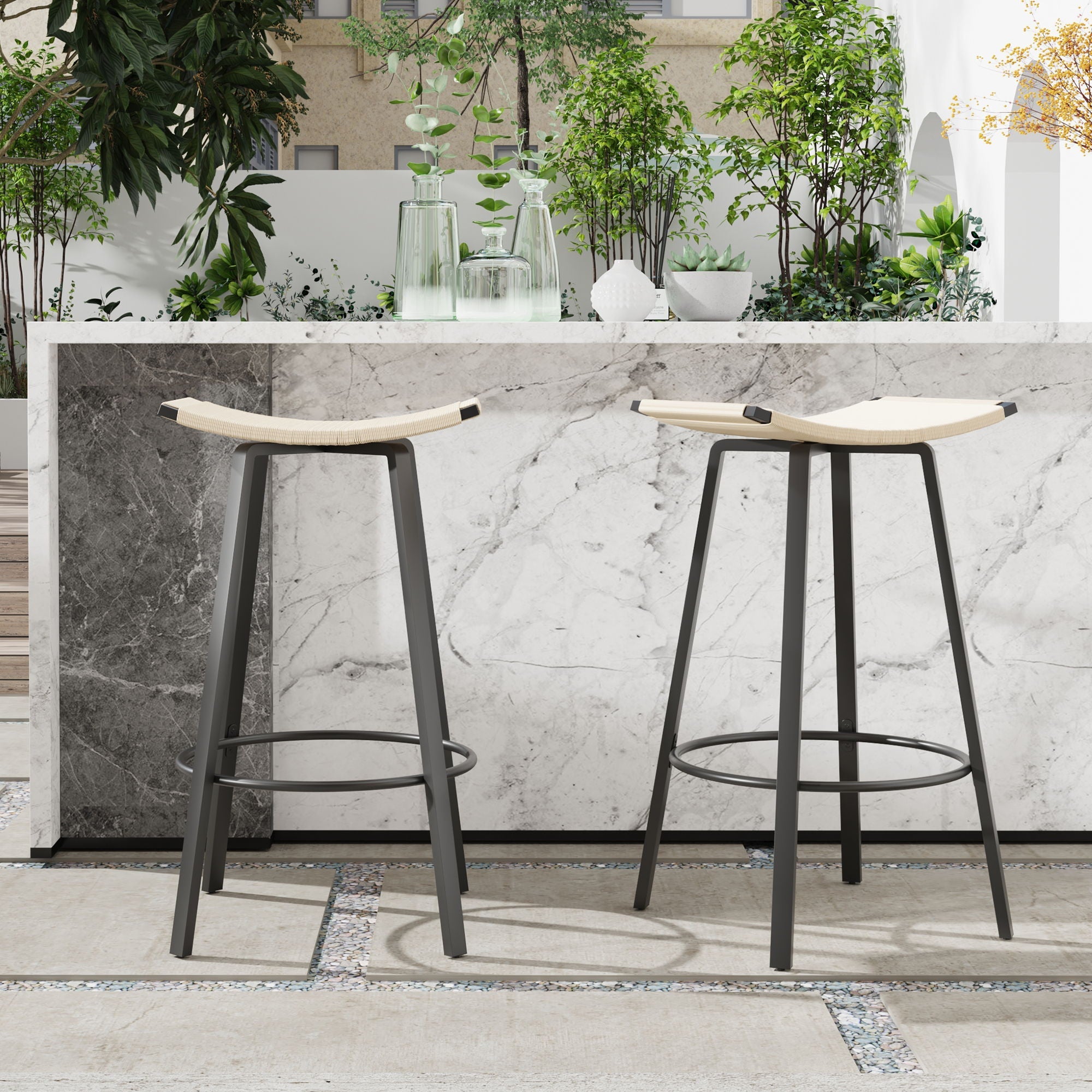 Counter Height Bar Stools Backless Handwoven Kitchen Dining Chairs With Round Footrest (Set of 2) Weaving Pub Stoo - Creamy White