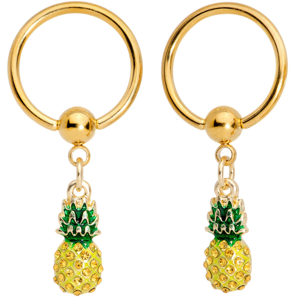 14G Clear CZ Gem Gold Tone Pineapple BCR Barbell Nipple Ring Set