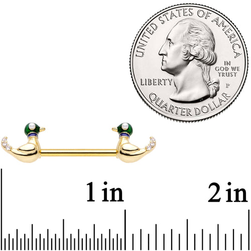 14G 9/16 Clear Gem Gold Tone Just Ducky Barbell Nipple Ring Set