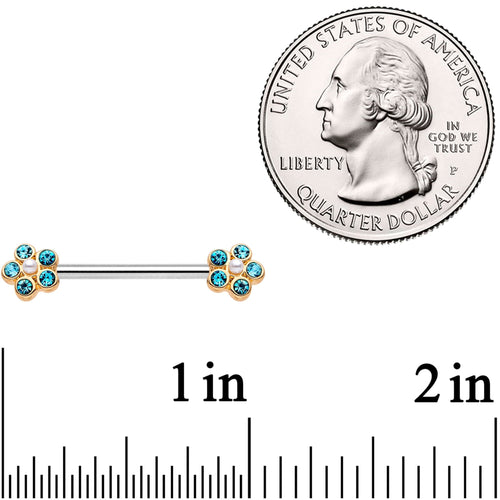 14G 9/16 Aqua Gem Precious Flower Barbell Nipple Ring Set