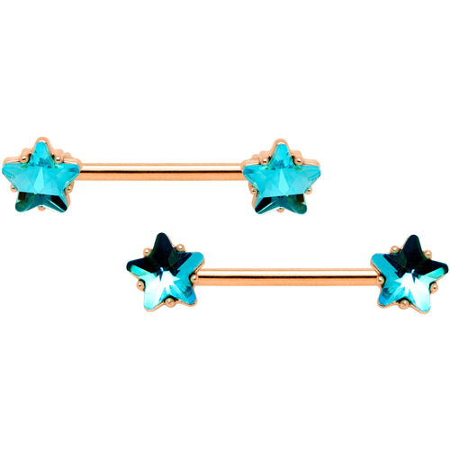 14G Blue Gem Star Rose Gold Tone BCR Barbell Nipple Ring Set