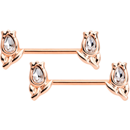 14G Clear Gem Rose Gold Tone Flowers BCR Barbell Nipple Ring Set