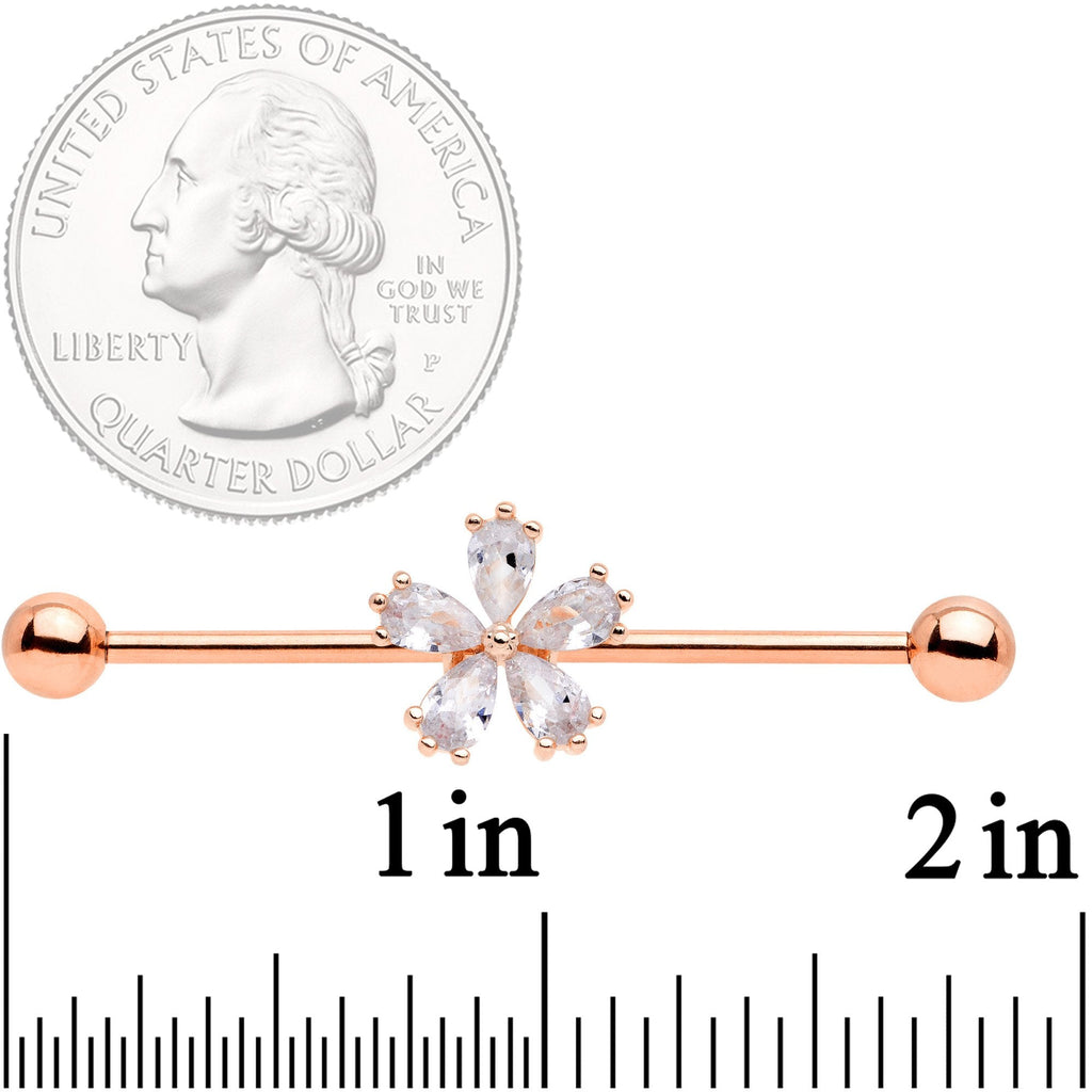 14G Clear CZ Gem Rose Gold Tone Petal Industrial Barbell 38mm