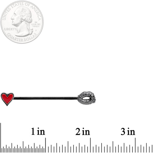 14G Red Heart Black Kiss of Death Industrial Barbell 38mm
