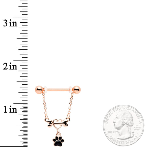 14G Rose Gold Tone Love My Dog Paw Print Dangle Nipple Ring Set