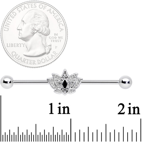 14G Clear Black Gem Crown Lotus Flower Industrial Barbell 38mm