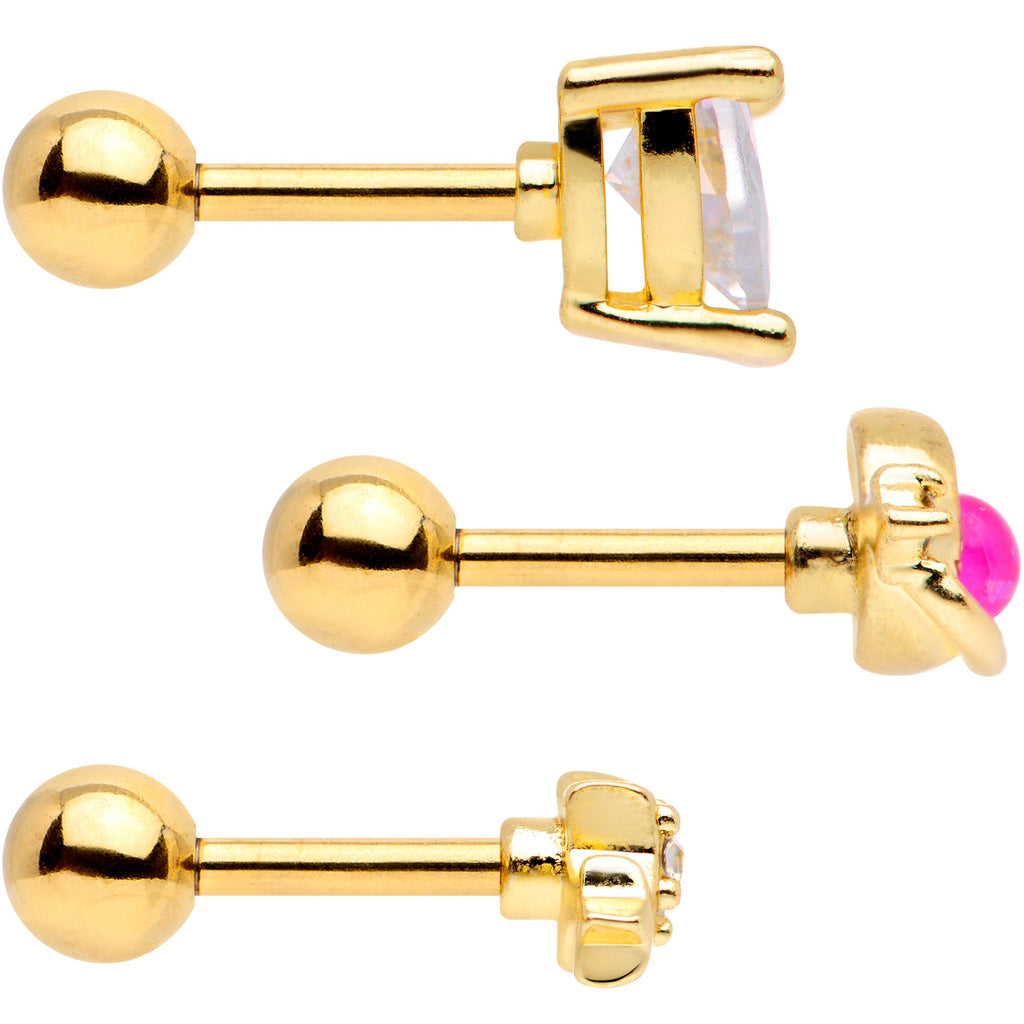 16G 1/4 Pink Faux Opal Gold Tone Heart Cartilage Tragus Set of 3