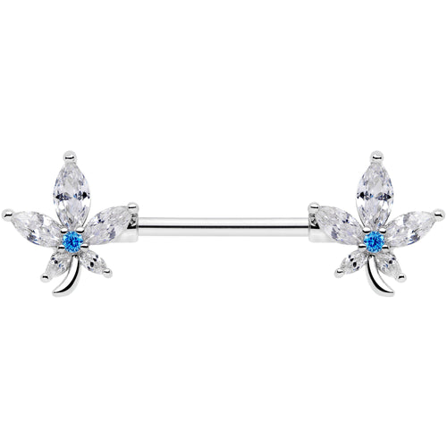 14G 9/16 Clear Blue CZ Gem Marijuana Leaf Barbell Nipple Ring Set