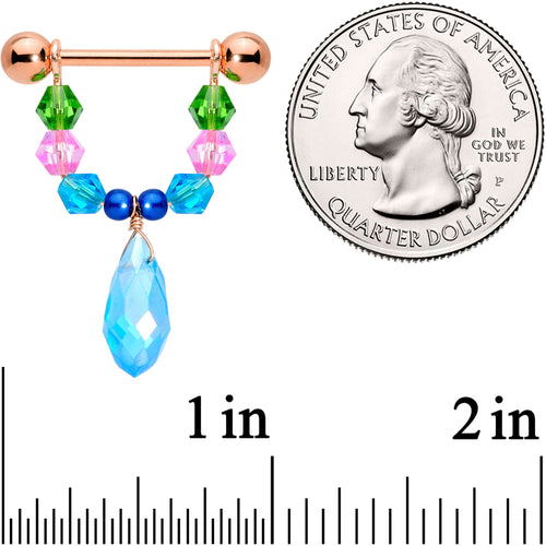 14G 5/8 Blue Pink Green Gem Rose Gold Tone Drop Nipple Ring Set