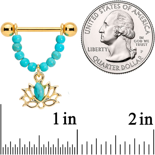 14G 5/8 Faux Turquoise Gold Tone Lotus Flower Dangle Nipple Ring Set