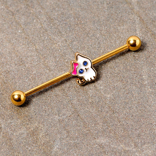 14G Blue Gem Gold Tone Sweet Kitty Cat Industrial Barbell 38mm