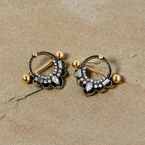 14G 5/8 Clear Gem Gold Tone Filigree Nipple Shield Set
