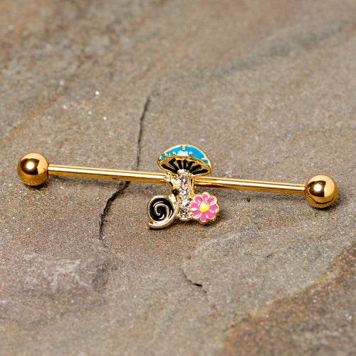 14G Gold Tone Snail Flower Magic Mushroom Industrial Barbell 38mm