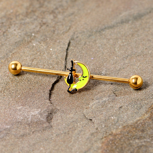 14G Gold Tone Black Cat Moon Halloween Industrial Barbell 38mm