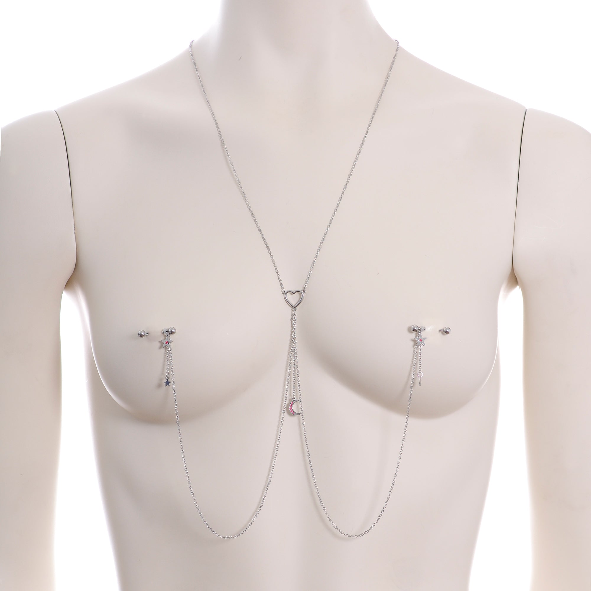 14G 5/8 Pink Gem Moon Heart Star Nipple Chain Necklace