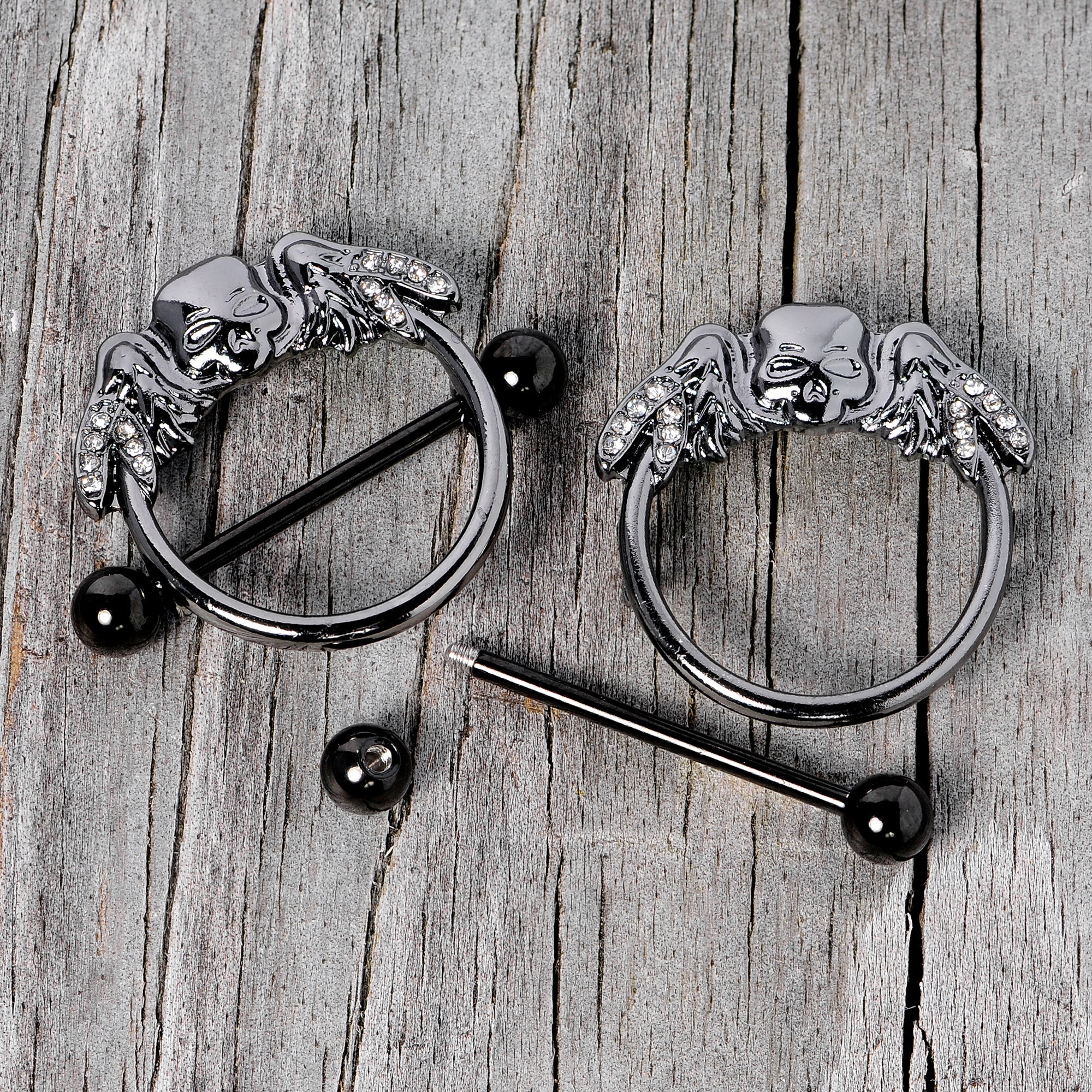 14G 7/8 Clear Gem Black Winged Skull Halloween Nipple Shield Set
