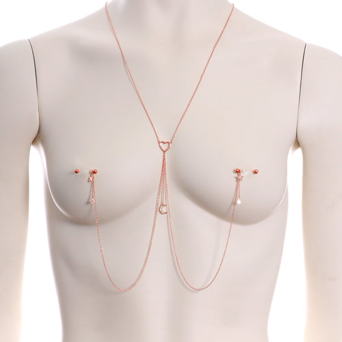 14G 5/8 Aurora Gem Rose Gold Hue Star Moon Nipple Chain Necklace