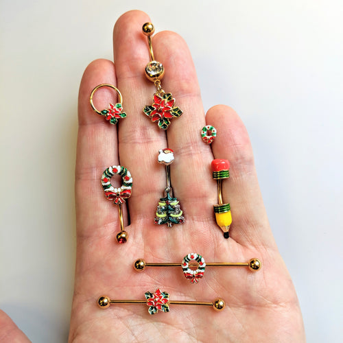 14G Gold Tone PVD Christmas Wreath Industrial Barbell 38mm