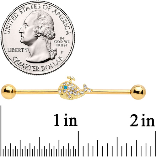 14G Clear Aqua Gem Gold Tone Whale Industrial Barbell 38mm