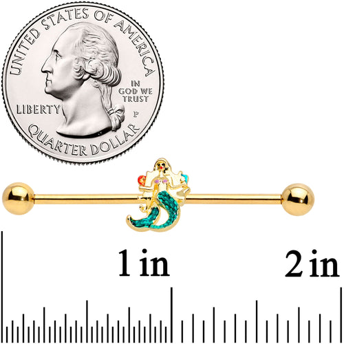 14G Gold Tone Green Mermaid Industrial Barbell 38mm