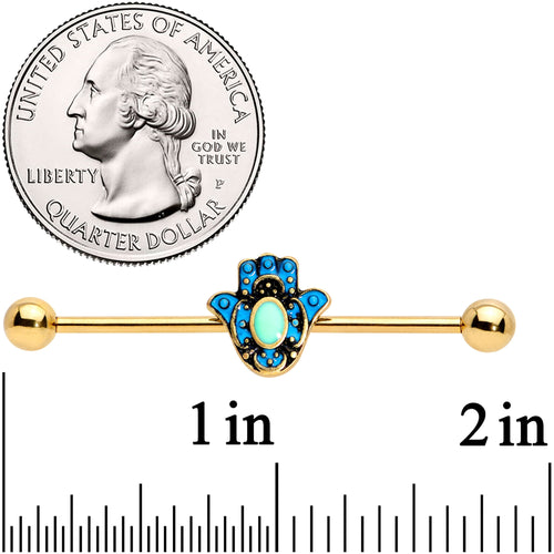 14G Gold Tone Aqua Ornate Hamsa Hand Industrial Barbell 38mm