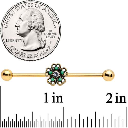 14G Gold Tone Green Flower St Patricks Industrial Barbell 38mm