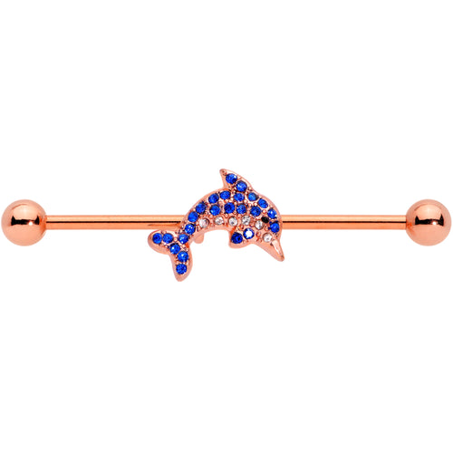 14G Blue Gem Rose Gold Tone Dolphin Industrial Barbell 38mm