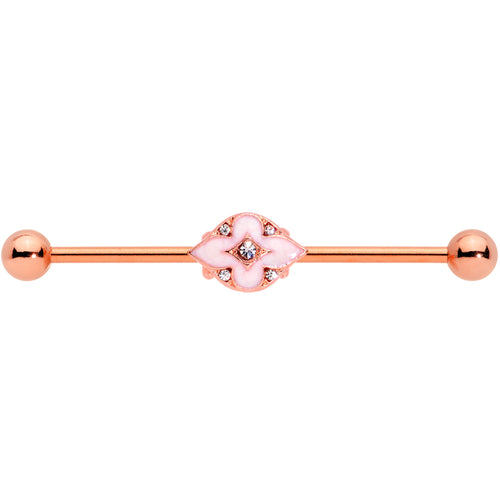 14G Clear Gem Rose Gold Tone Pink Cross Industrial Barbell 38mm