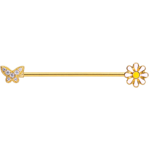 14G Clear Gem Gold Tone Butterfly Daisy `Industrial Barbell 38mm