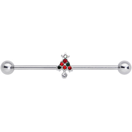 14G Clear Red Green Gem Christmas Tree Industrial Barbell 38mm