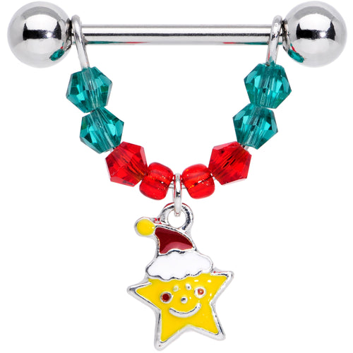 14G 9/16 Red Green Gem Star Moon Christmas Dangle Nipple Ring Set