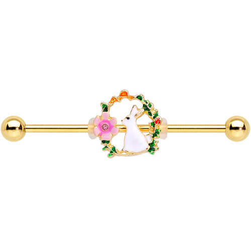 14G Clear Gem Gold Tone Bunny Flower Industrial Barbell 38mm
