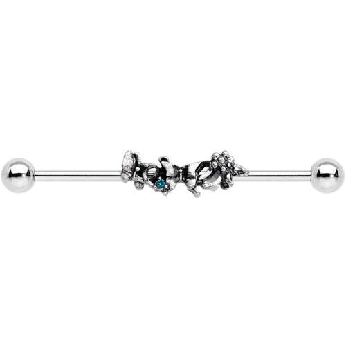 14G Blue Gem Butterfly Array Flower Industrial Barbell 38mm
