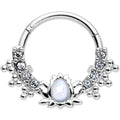 16G 3/8 White Faux Opal Stylized Lotus Hinged Segment Ring