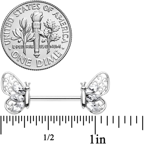 14G 9/16 Clear Gem Lacy Butterfly Barbell Nipple Ring Set
