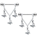 14G 9/16 Clear Gem Open Butterfly Chain Dangle Nipple Ring Set