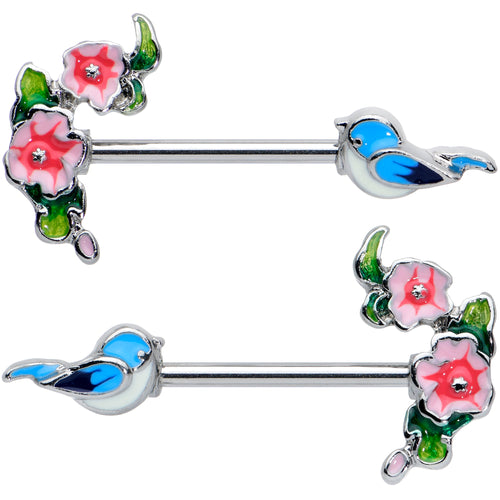 14G 9/16 Happy Blue Bird Pink Flowers Barbell Nipple Ring Set