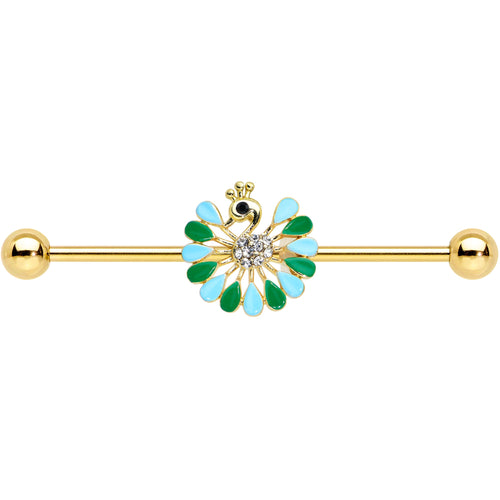 14G Clear Black Gold Tone Pretty Peacock Industrial Barbell 38mm