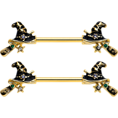 14G 9/16 Clear Gem Gold Tone Witch Hat Broom Nipple Ring Set