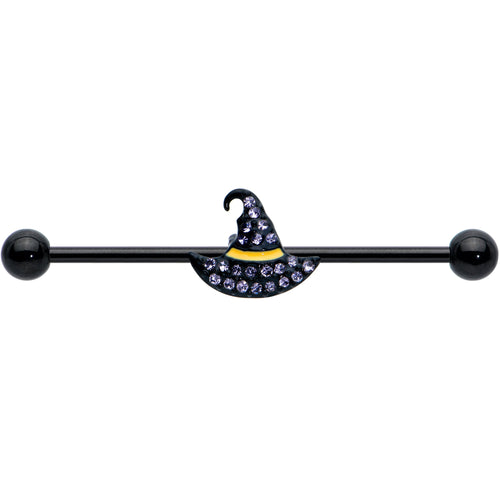 14G Clear Gem Black Witch Hat Halloween Industrial Barbell 38mm