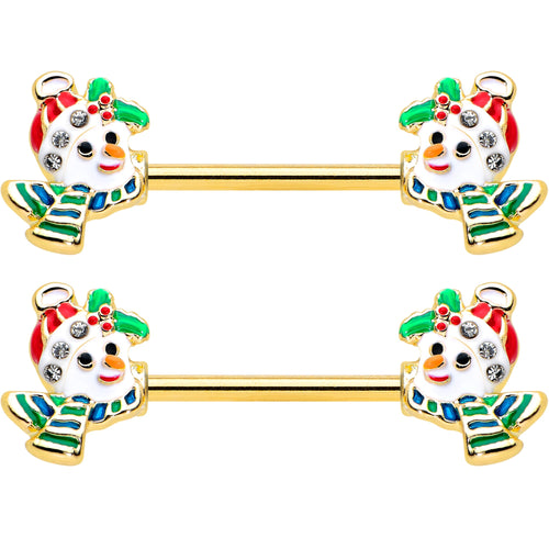 14G 9/16 Clear Gem Gold Tone Snowman Christmas Nipple Ring Set