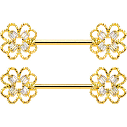 14G 5/8 Clear Gem Gold Tone Texture Cross Barbell Nipple Ring Set