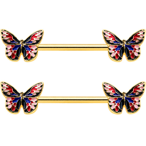 14G 5/8 Gold Tone Pink Blue Red Butterfly Barbell Nipple Ring Set